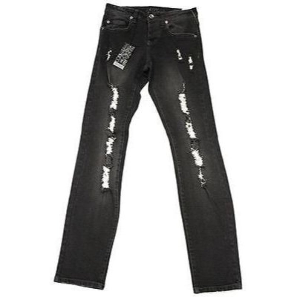 TRIPP NYC Rough Fit Distress TORN Ripped SLIM Denim JEANS Button Fly FADED Black